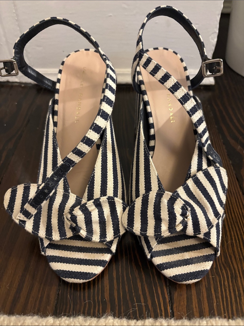Loeffler Randall Navy & White Striped Knotted Wedge Sandals